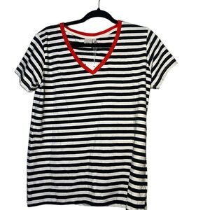 Striped V-Neck Tee with Red Trim M NWT